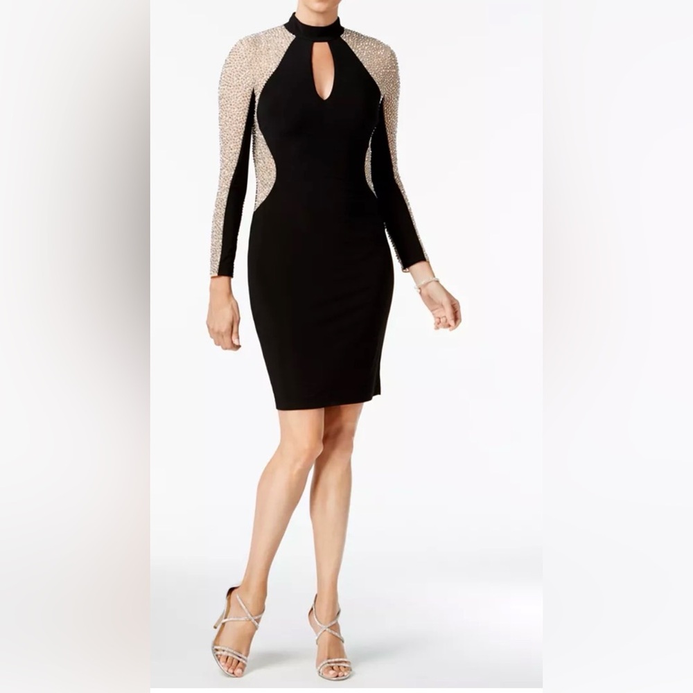 Xscape Black Dress with sheer studded contour detailing size 10